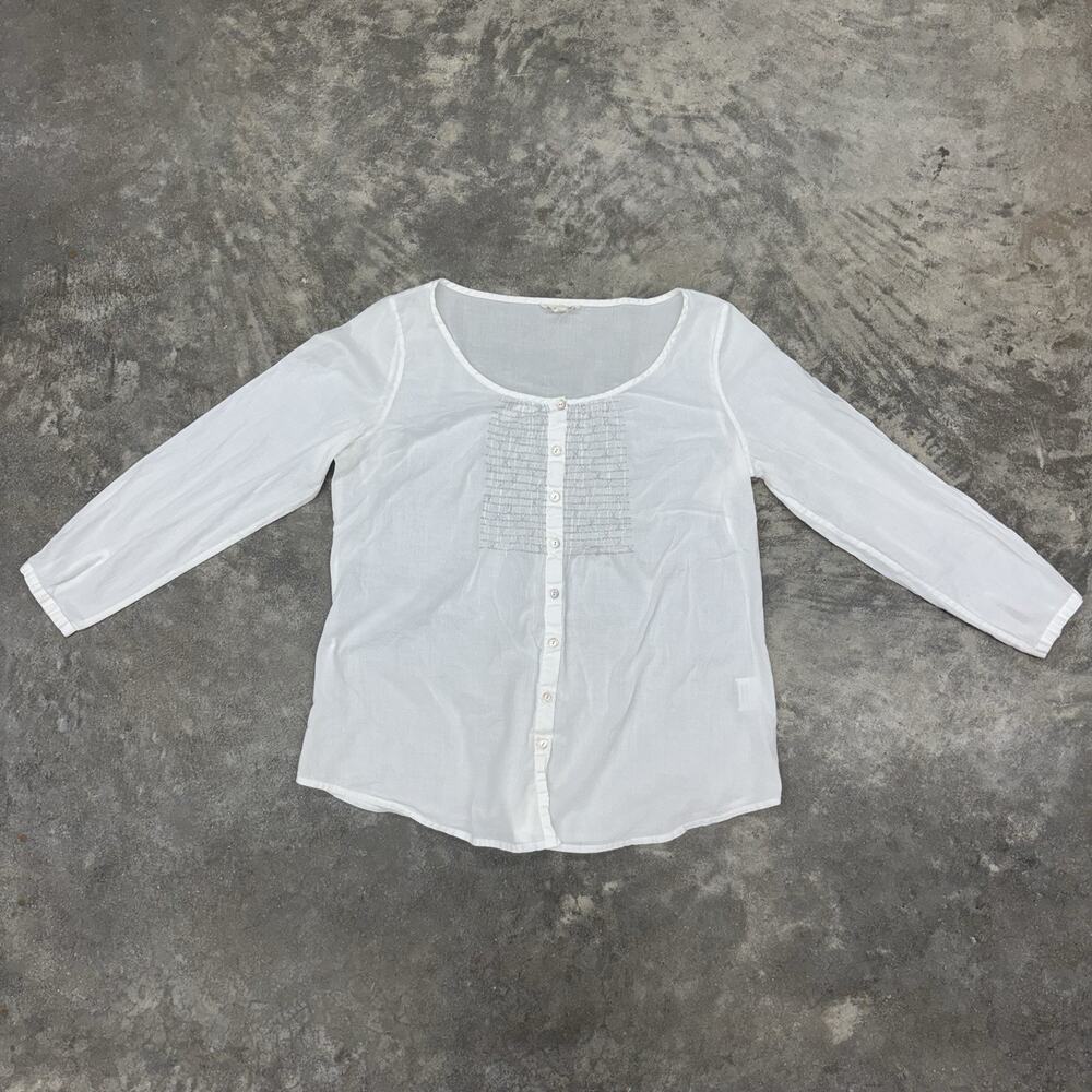 Eileen Fisher White Organic Cotton Embroidered Tunic Top Petite Small Buttons